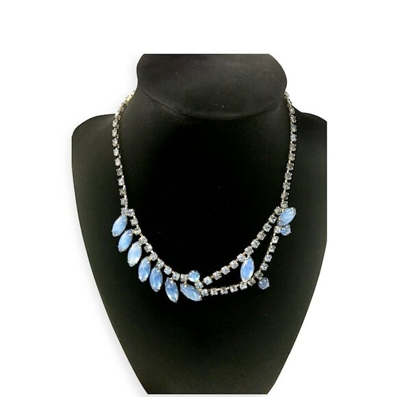 1950s Vintage Blue Moonglow Glass & Rhinestone Necklace - Picture 2 of 9